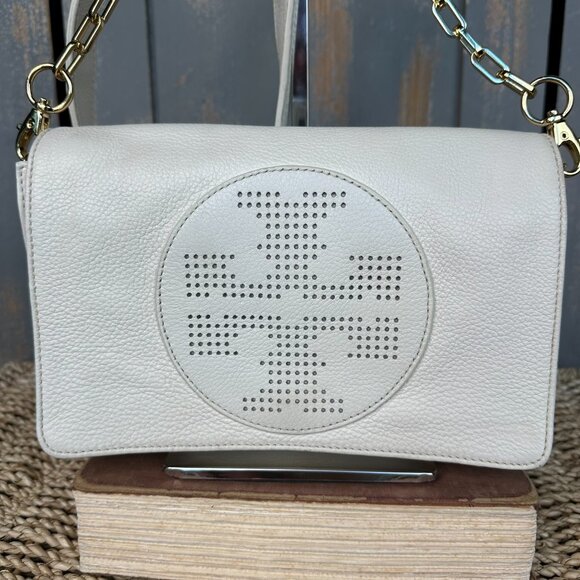 Tory Burch Kipp Perforated Logo Foldover Clutch Crossbody Bag White - Picture 2 of 16